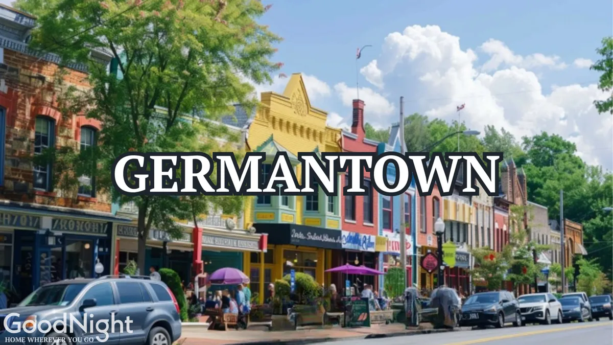 A lively street scene featuring colorful storefronts, outdoor seating with umbrellas, and people socializing and enjoying the vibrant atmosphere. Lush greenery frames the area, and the setting radiates an inviting and joyful urban vibe.