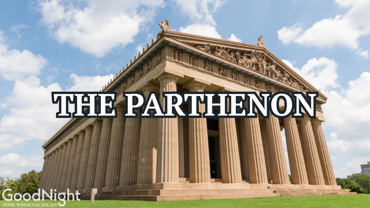 A stunning close-up of the iconic Parthenon in Centennial Park, with its grand columns and intricate pediments in full view. The scene radiates historic charm and architectural beauty, perfect for art and history lovers.